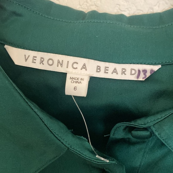 Veronica Beard Lilian Stretch Silk Button Up Ruched Blouse In Green - Picture 6 of 9